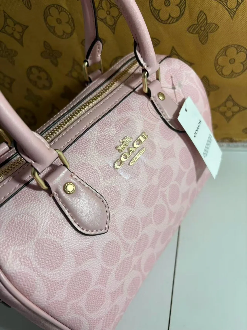 Coach Pink Signature Dome Satchel with Gold Hardware